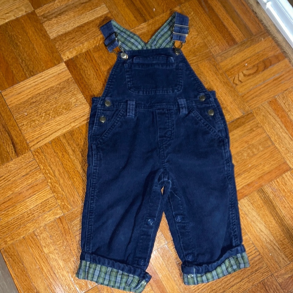 Greendog navy cord overalls with green and navy plaid cuffs 12 months